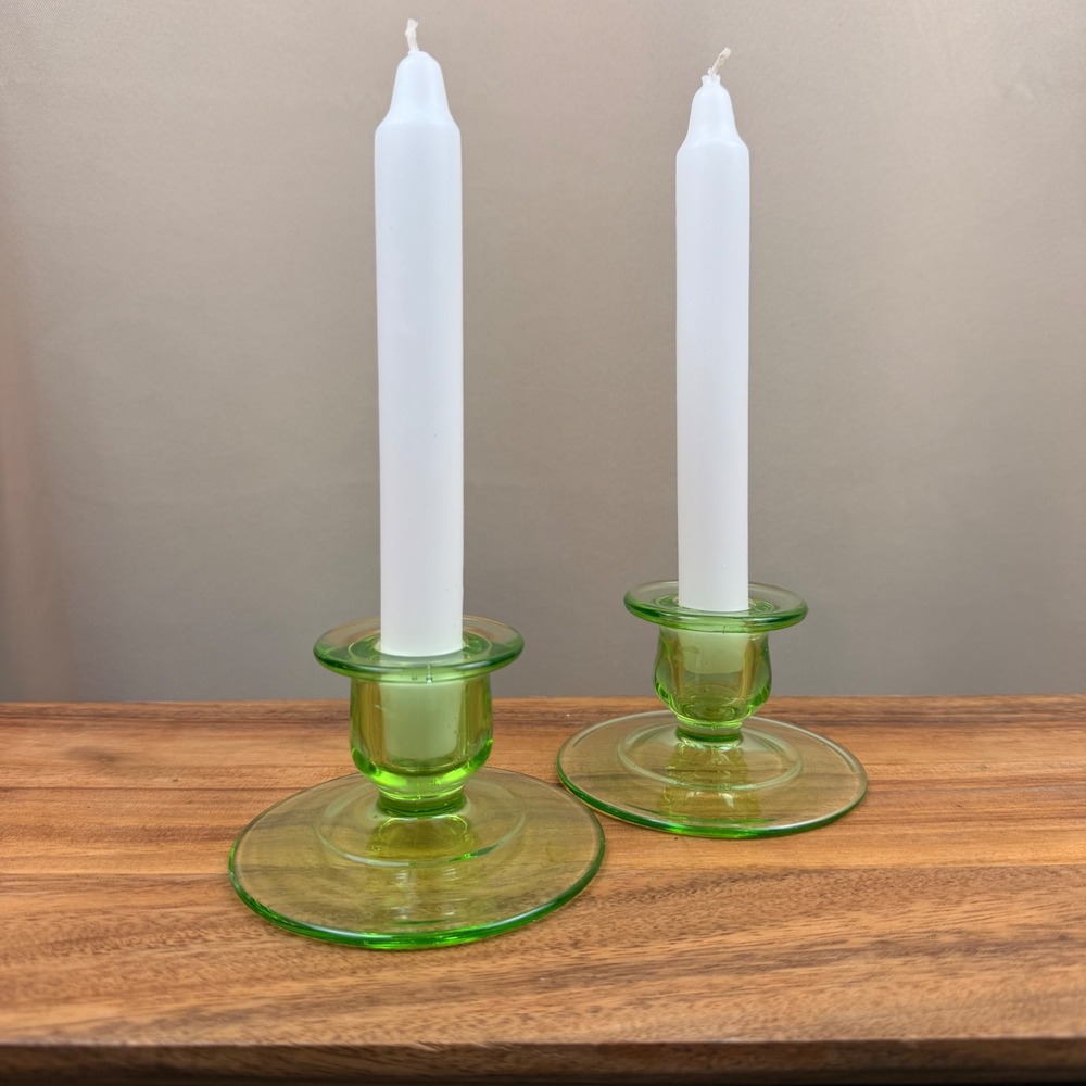 Vintage Uranium Glass Candlestick Holders Green Vaseline Glass Set of 2 Glows